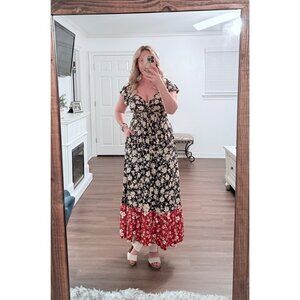 Haptics Floral Maxi Dress Flutter Sleeves Navy & Red Colorblock Hem Stretchy Sof